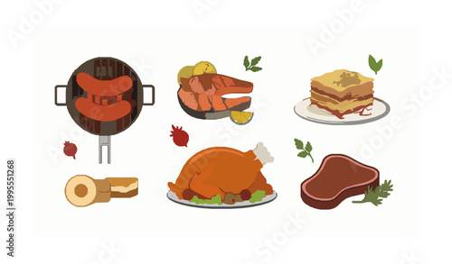 World cuisine flat vector set with BBQ salmon lasagna steak and roast turkey in colorful international food collection
