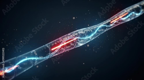 Close up of futuristic glowing fiber optic cable with light transmission in dark background