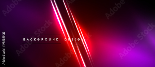 Neon lights create vibrant diagonal streaks. Dark background contrasts bright pink, red hues. Modern design element.