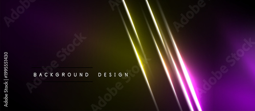 Abstract neon lines over dark background. Gradient purple, yellow hues create dynamic visual effect. Minimalist design element.