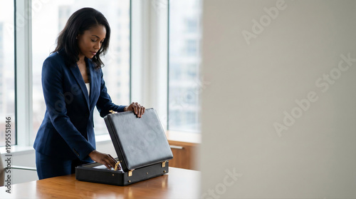 Professional Businesswoman Opening Briefcase at Office Desk by Window