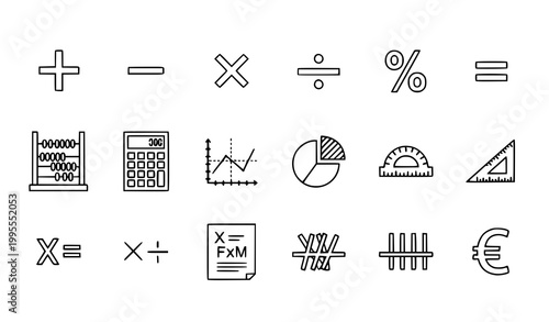 Minimal calculation and math icons vector set with flat design symbols for finance education and business use