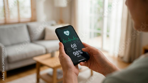 Woman holding smartphone with medical health app displaying heart rate and oxygen saturation levels at home