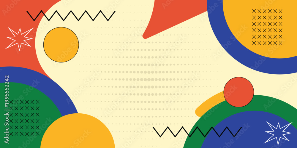 Fototapeta premium Retro Memphis Abstract Background with Organic Shapes and Bold Geometric Elements, Colorful 90s Style Pattern Vector Illustration