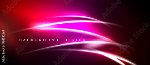 Abstract neon lines over dark background. Bright pink, red gradients create dynamic visual effect. Text reads background design.
