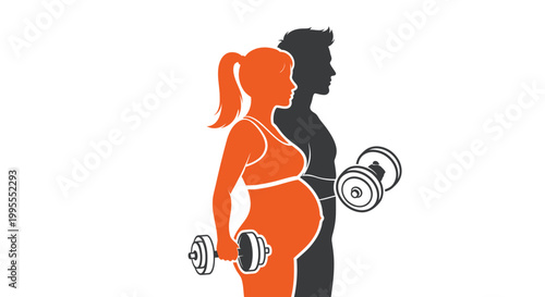 This vector graphic illustration depicts a strong, pregnant woman exercising with a dumbbell alongside a fit man, symbolizing couple fitness, prenatal health, and shared wellness journeys during pregn