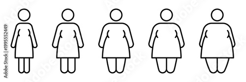 Different types body people line icon set. Size body person thin to fat, underweight, normal, overweight, obese, extremely obese, diet, healthy lifestyle, overeating, level obesity, body mass index.