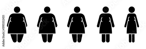Different types body people line icon set. Size body person thin to fat, underweight, normal, overweight, obese, extremely obese, diet, healthy lifestyle, overeating, level obesity, body mass index.