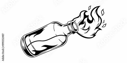 A vintage glass bottle engulfed in swirling black and white flames