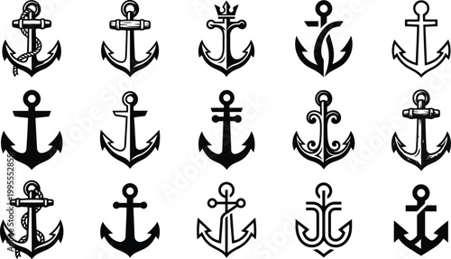 Set of nautical anchor icons with various designs and maritime shapes vector.