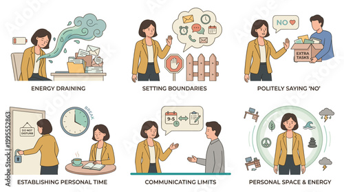 Illustrations show people coping with anxiety through stress management techniques