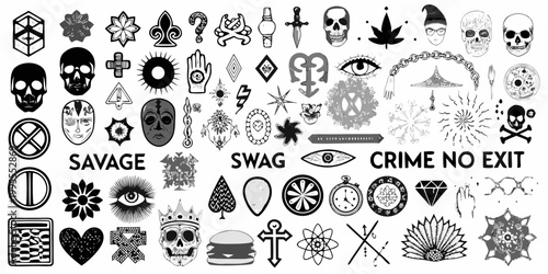 Collection of black and white flash tattoo designs and graphic elements