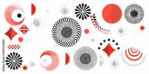 Abstract arrangement of colorful geometric shapes and optical illusion patterns