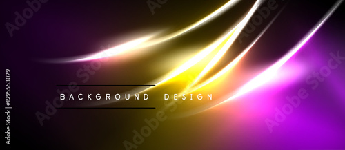 Abstract design features vibrant yellow, purple gradients. Smooth curves create dynamic light effect over dark backdrop. Text reads background design.