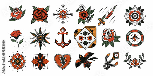 Collection of traditional tattoo flash designs featuring flowers hearts and anchors