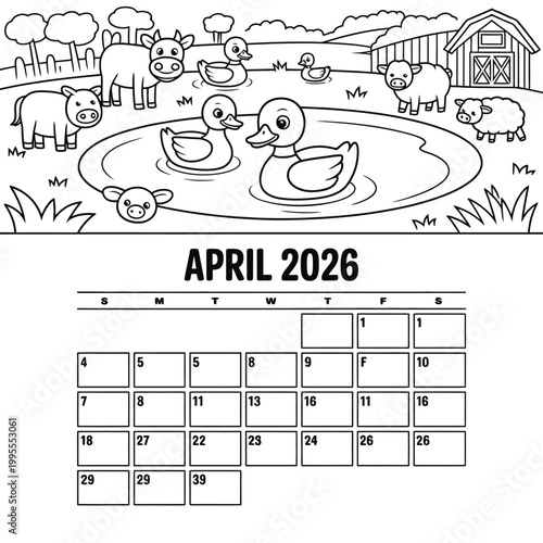 April 2026 calendar page with farm animals coloring