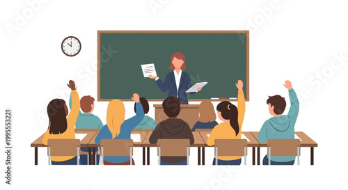 Engaging classroom where a teacher instructs attentive students, many raising hands to participate, creating a dynamic and interactive learning experience for education