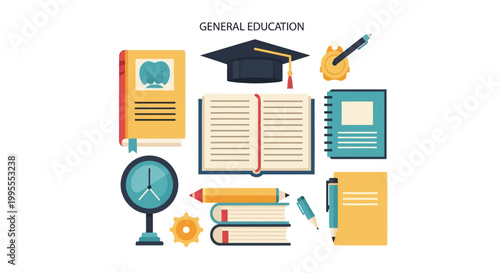 General Education And Learning, A Collection Of Study Materials Including Books, Graduation Cap, And Stationery For Academic Excellence