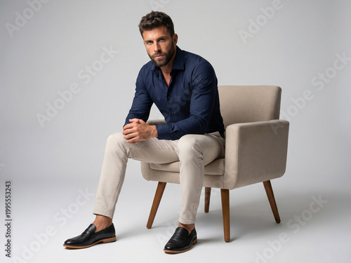 Studio portrait of a confident man sitting on a modern beige armchair