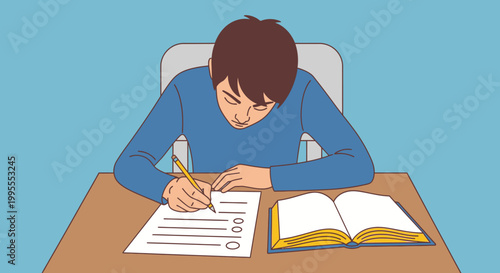 Illustration of a boy sitting at a desk, diligently studying a book and completing an exam paper, conveying a sense of academic focus and learning
