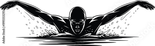 Black and white of a swimmer performing butterfly stroke