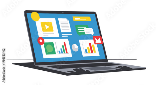 Digital marketing dashboard interface on a laptop screen showing analytics, charts, and communication icons, representing online business growth and data visualization