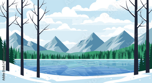 Serene winter landscape features a frozen blue lake in the foreground with snow-covered mountains and pine forests under a cloudy sky.
