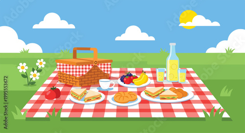 A colorful outdoor picnic scene with food and drinks