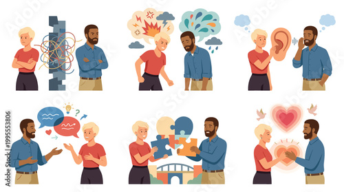 Illustrations show people coping with mental health issues and seeking support