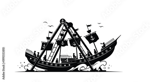 Black and white silhouette shows a large pirate ship amusement park ride swinging through the air with people on board.