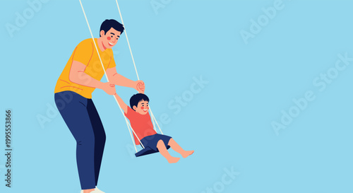 Joyful father pushes his young son on a swing against a clear blue background capturing a moment of happy family bonding.