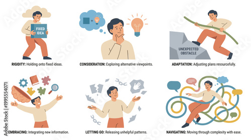 Illustrations show people coping with stress and anxiety through therapy and support