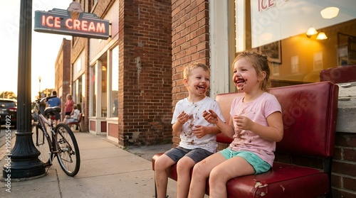 Happy children with messy chocolate faces outside ice cream shop