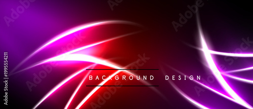 Abstract neon lines create vibrant background. Purple, red hues dominate dark space. Modern design element for digital projects.
