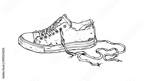 worn canvas sneaker sketch with loose laces and casual retro style illustration
