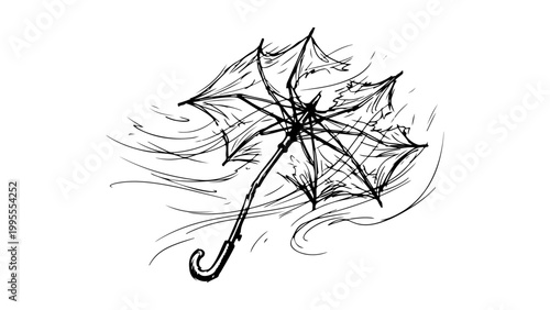 hand-drawn umbrella blown inside-out by wind sketch of broken rain shelter