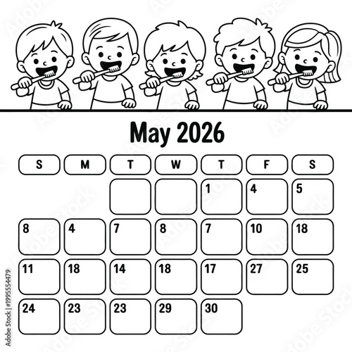 May 2026 calendar page with cartoon children brushing teeth