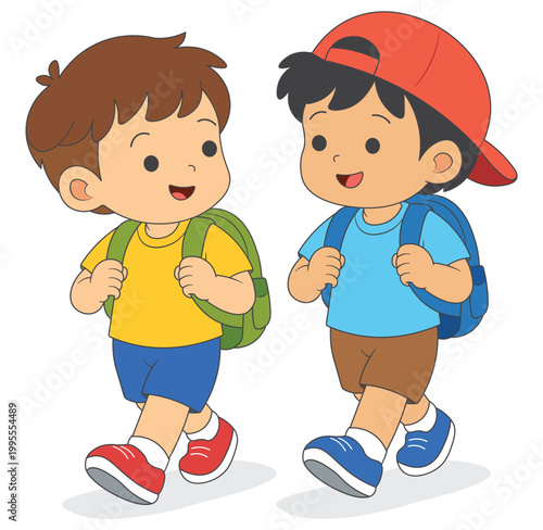 Kids walking to school together, friendship and education concept