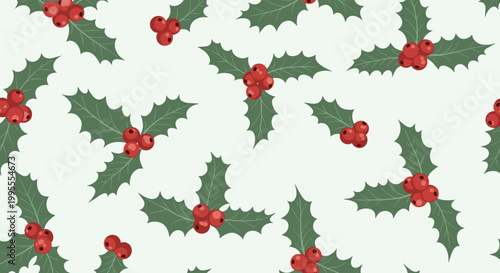Festive seamless pattern with red holly berries and green leaves on a light background for winter holiday themes.