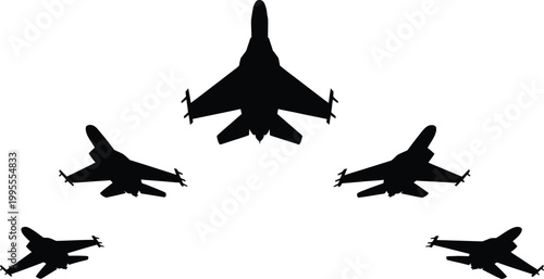 Konstfotografi Five black fighter jets in formation airplane aircraft