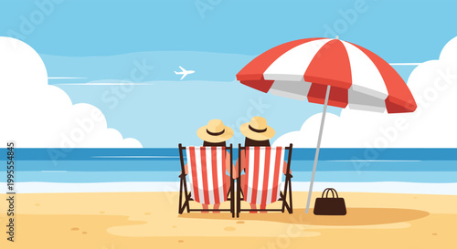 Two people sitting in deck chairs under a striped umbrella on a sunny beach while looking at the blue ocean.