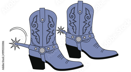 Pair of light blue cowboy boots decorated with traditional western patterns and metal spurs on a white background.