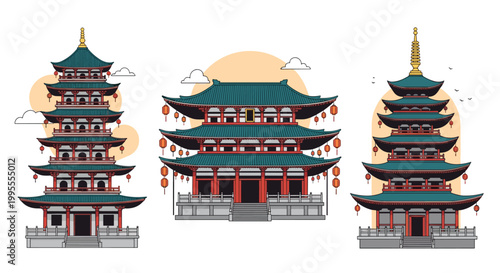 Set of three traditional Japanese pagodas with multiple tiered roofs and red lanterns on a sunset background.