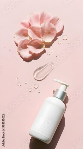 Gentle Skincare Product Photography: White Bottle, Rose Petals, Clear Gel Swatch, Water Droplets on Pink