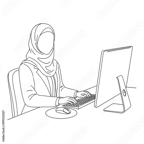 Line art fullbody muslim woman office 