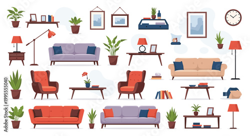 Large set of living room furniture and home decor items including sofas, armchairs, lamps, and various potted plants.