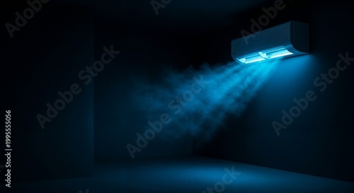 Air conditioner emitting blue mist in darkened interior space  