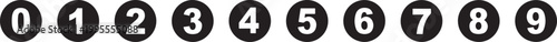 Vector graphic illustration of numbers 0 through 9 in white on black circles