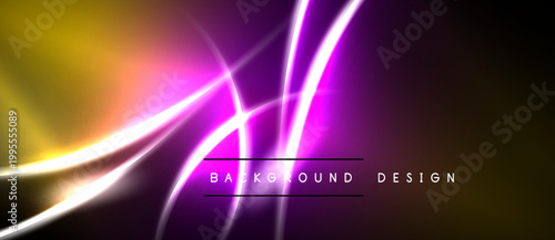 Abstract neon lights create vibrant background. Curves intersect, forming dynamic visual effect. Dark space enhances luminosity.