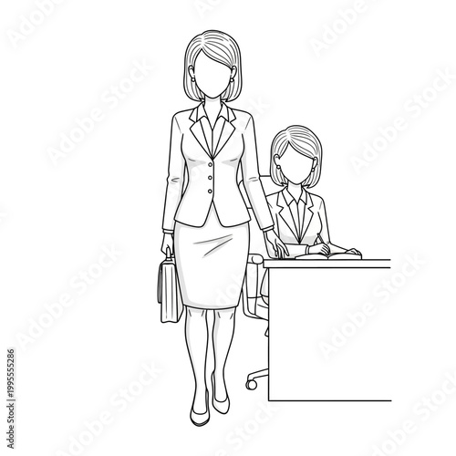 Line art two fullbody woman office 